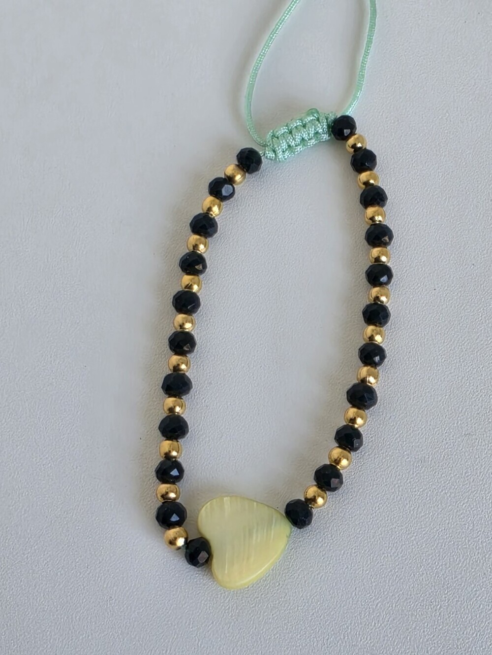 Handmade Green Crystal & Mother of Pearl Heart Adjustable Beaded Bracelet